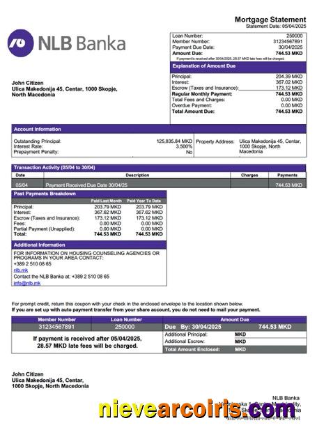 North Macedonia NLB Banka mortgage statement Word and PDF template